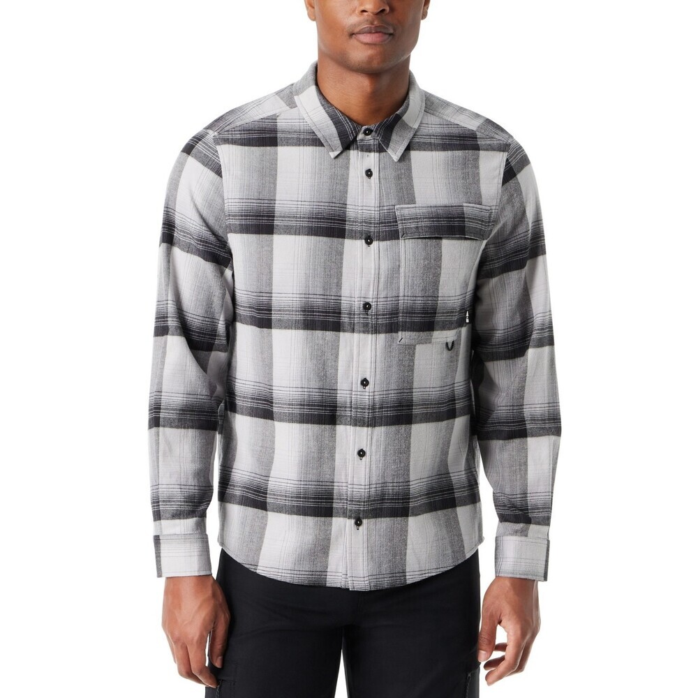 Bass Outdoor Flannel Shirt Mens Small Heather Gray Plaid Stretch Button-Up FTS60